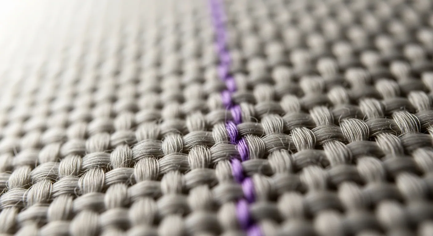 Macro view of woven Egyptian cotton with a single violet thread